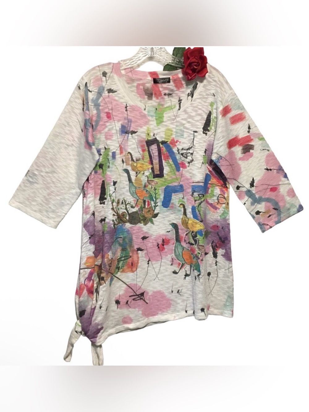 Inoah Art to Wear Abstract Knit Tunic Top Asymmetrical Side Tie